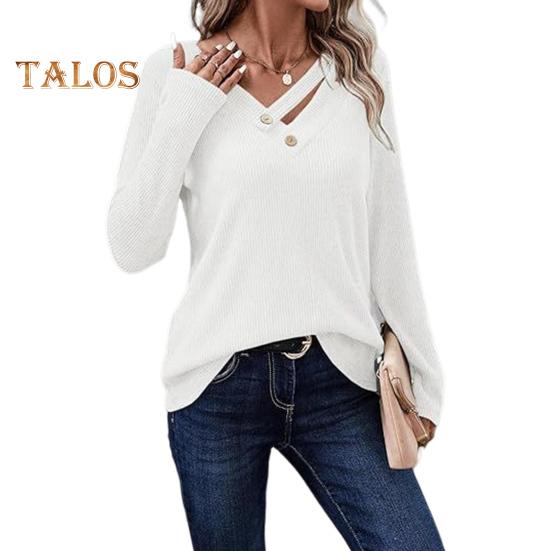 Topuri Dama Decolteu în V Mânecă Lungă Tricot Reiat Top cu Nasturi Decor Culoare Solidă Croială Lejeră Elastic Cămașă de Toamnă Ținută Casual de Birou