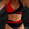 Women's Red and Black Color Block Halter Cross-Front High Waist Two-Piece Bikini Swimsuit