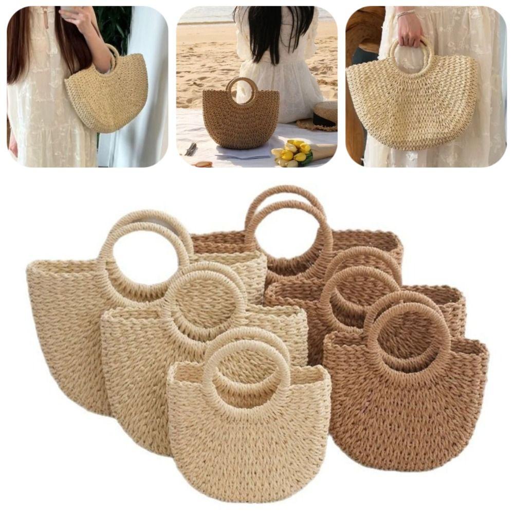 Large Capacity Straw Woven Handbag Half-Moon Shape Simple Shopping Bag Female
