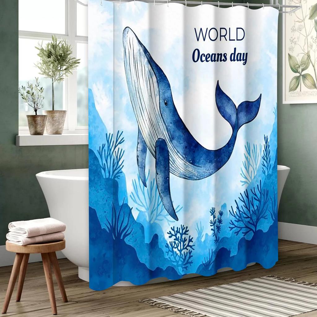 Whale sea wave Pattern Bathing Curtain  Bathroom Shower Curtain Waterproof With 12 Hooks Home Deco