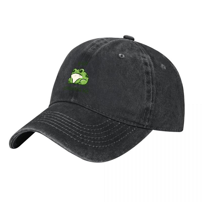 Frog Logo Washed Cotton Baseball Cap Classic Dark Gray Adjustable Hat with Embroidered Design for Casual Outdoor Wear