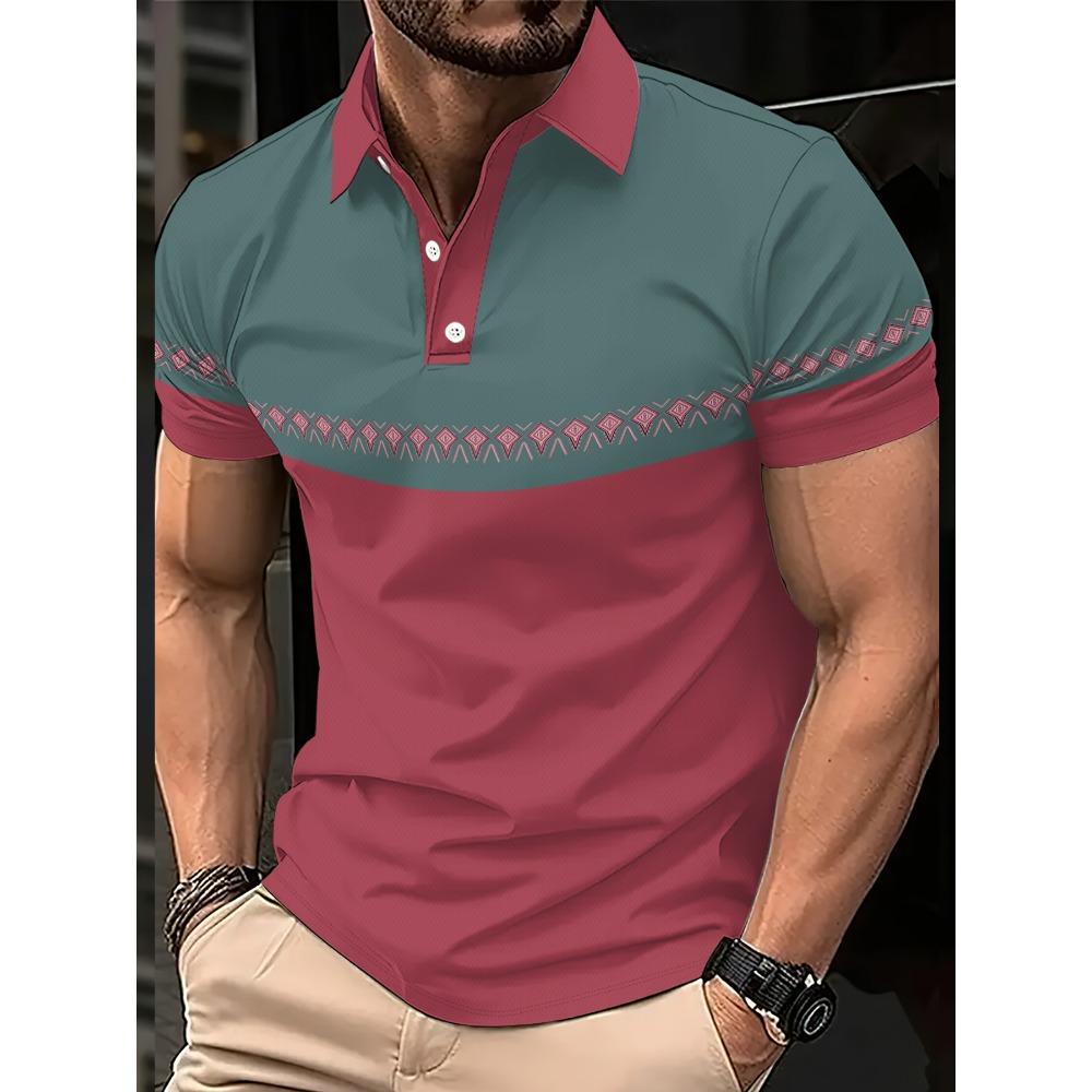 Men's Short Sleeved Polo Shirt 3D Striped Pattern Print