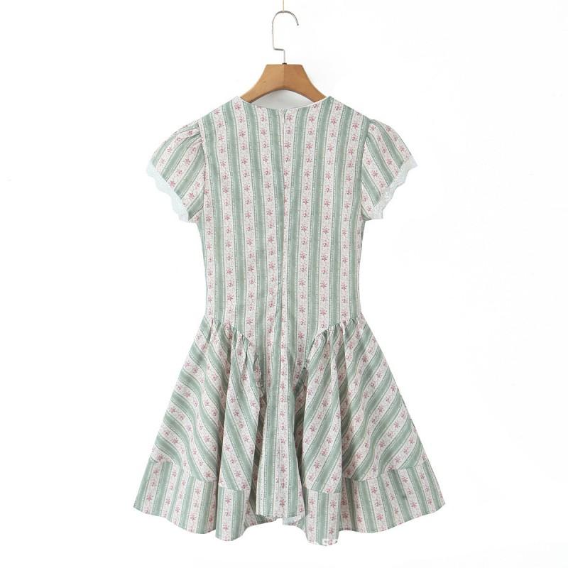 House Style French Sweet Floral Bow Striped Lace V-Neck Mini Dress Women
