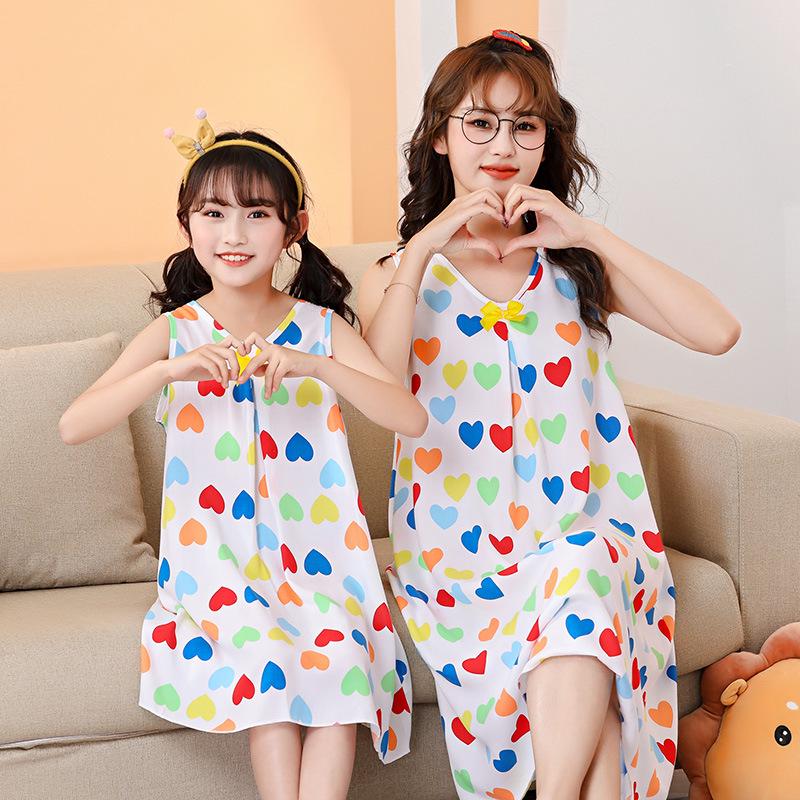 Mother-Daughter Cotton Silk Sleeveless Nightgown for Girls: Wide Shoulder Home Dress
