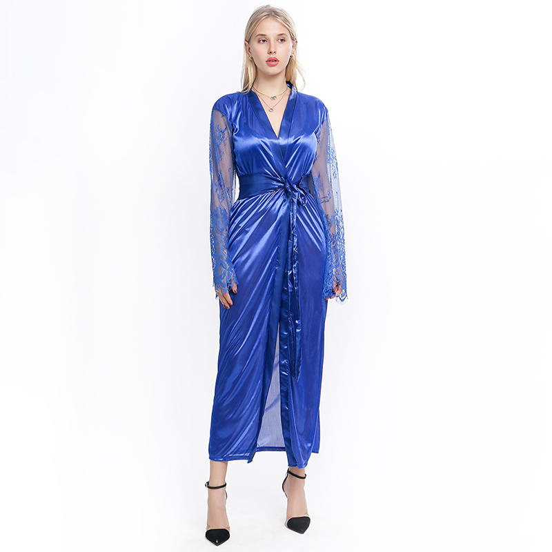 Women Lace Stitching Long Bathrobes Nightgown Soft Silk Dressing Gown Bath Robe Large Size Sexy Pajamas