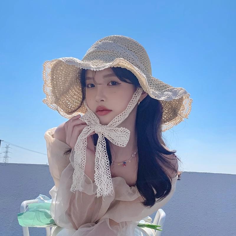 Hat Women'S Lace Edge Straw Hat Summer New Style Travel Strap Japanese Strap Sweet Sunshade Hat Outdoor Fisherman'S Hat