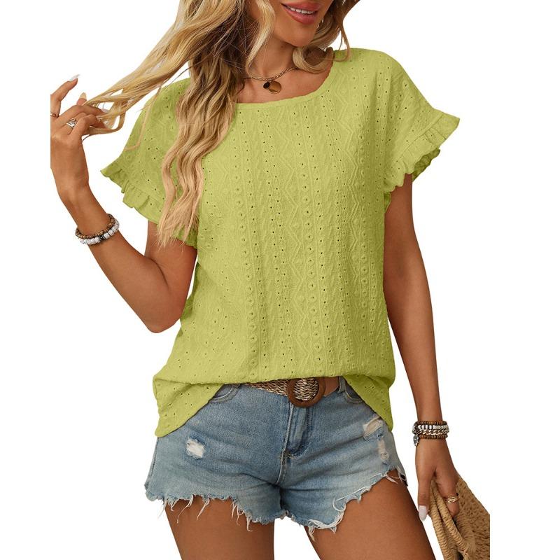 Sweet Short Sleeve Hollow Out Women T-shirt Summer New Solid Color Round Neck Top Casual Loose Sweet Ruffled Office Ladies Shirts Elegant Fashion
