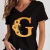 Women’s V-neck Graphic Shirts Orange A-Z Alphabet Sunflowers Short Sleeves  Harajuku Fashion Girl Casual Y2k Trend Tshirts Top