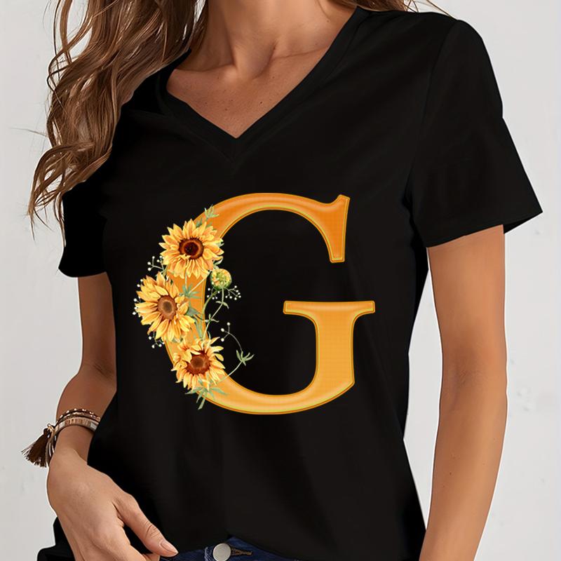 Women’s V-neck Graphic Shirts Orange A-Z Alphabet Sunflowers Short Sleeves Harajuku Fashion Girl Casual Y2k Trend Tshirts Top