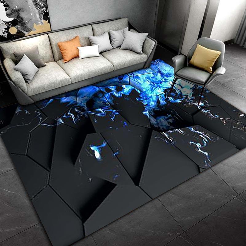 "Modern Abstract Rug With Blue Flame Effect On Black Hexagonal Design" Suitable for Use As an Anti-slip for Living Room Bedroom Sofas