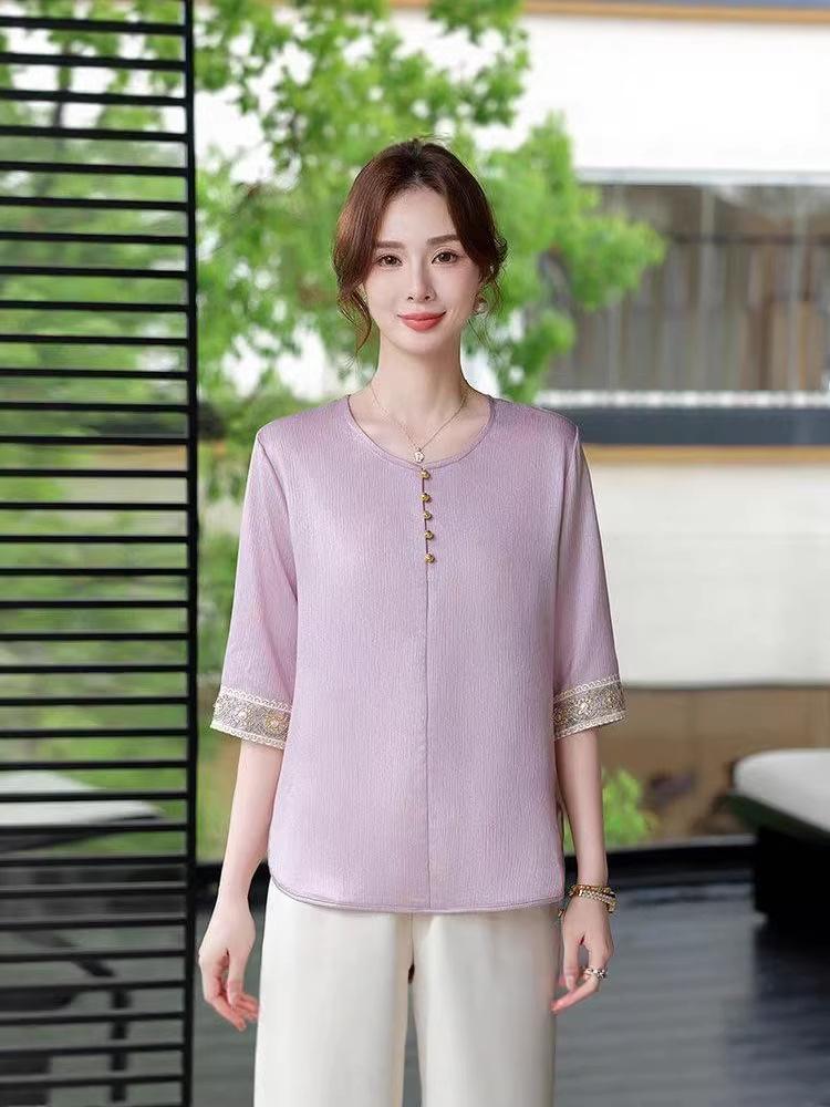 

Elegant Summer Solid Color Lapel Short Sleeve Top for Middle-Aged Women - Stylish Slimming Design 3XL (125-135 cm) фиолетовый