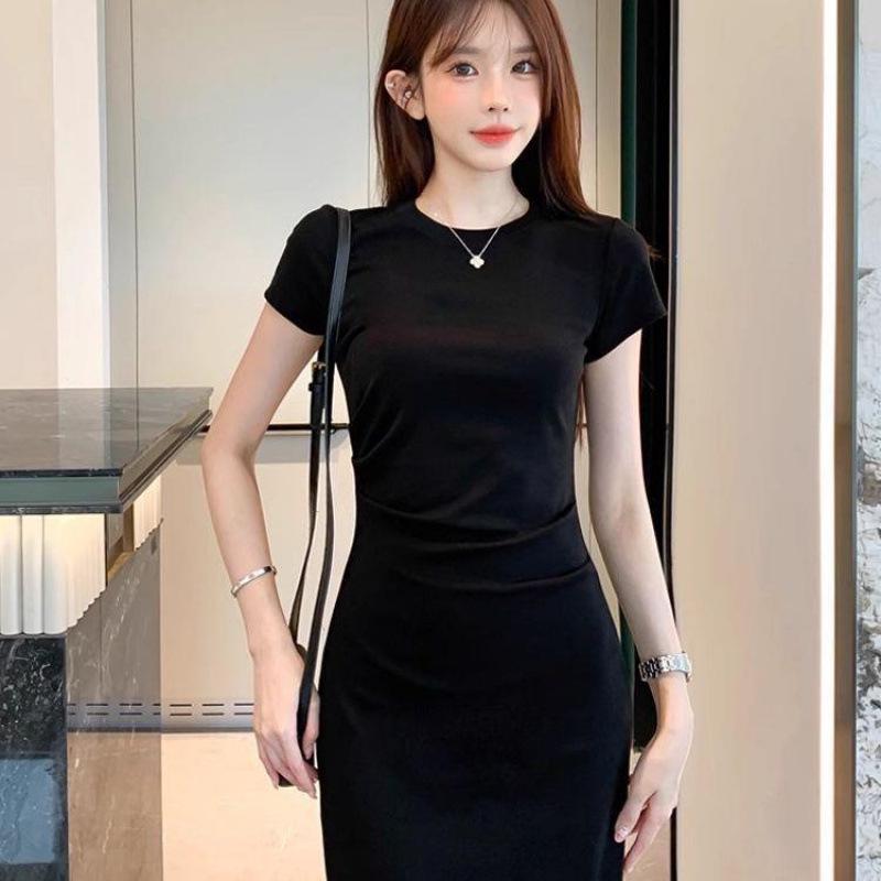Summer 2026 Black Slim Fit Women's Long Slit Dress with Short Sleeves and Cinched Waist