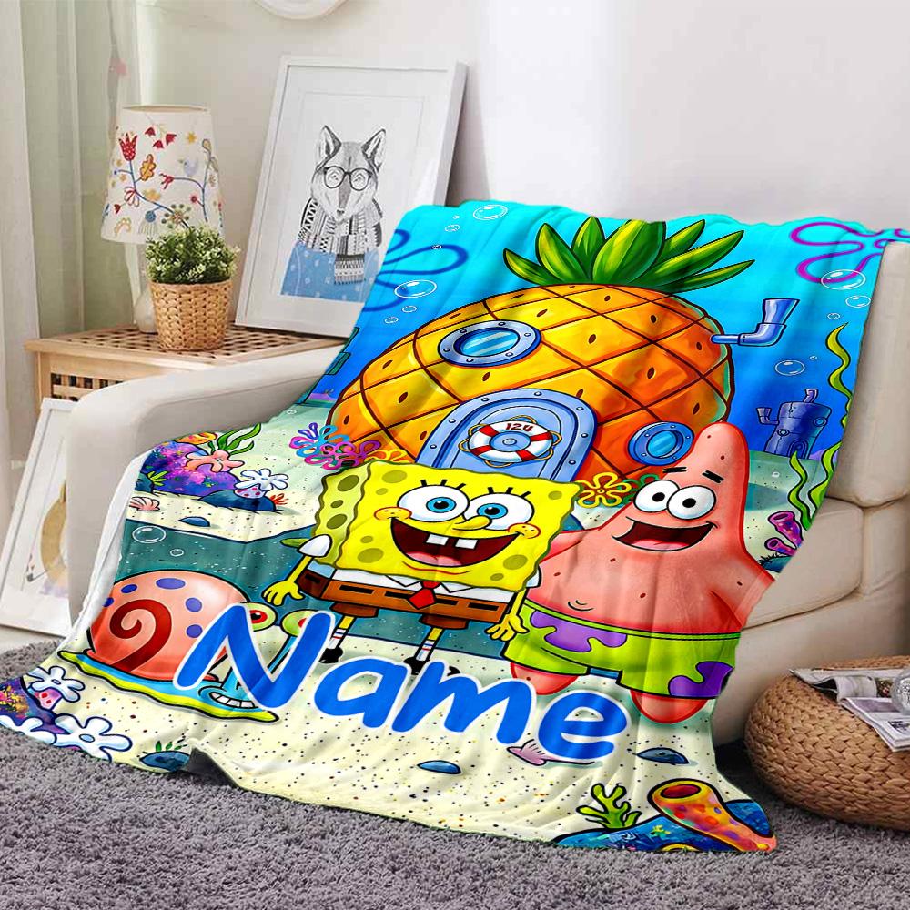 Custom Name Spongebob Friends Flannel Blanket for Super Soft Cute Comfort Blanket for Travel Bedding Couch Sofa Blanket