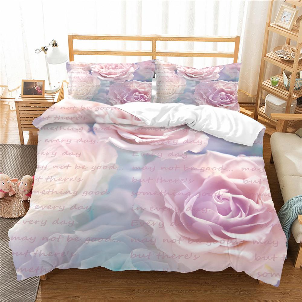 Valentinstag-Home-Bettwäsche, Einzelbett, Doppelbett, voller Größe, Rosendruck, Kissenbezug und Bettbezug, 2/3 Sätze Paar-Schlafzimmer-Bettwäsche