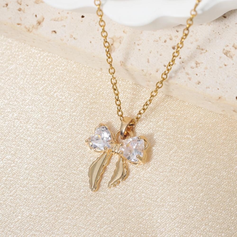 Cute Zirconia Heart Bow Pendant Necklace Jewelry for Women