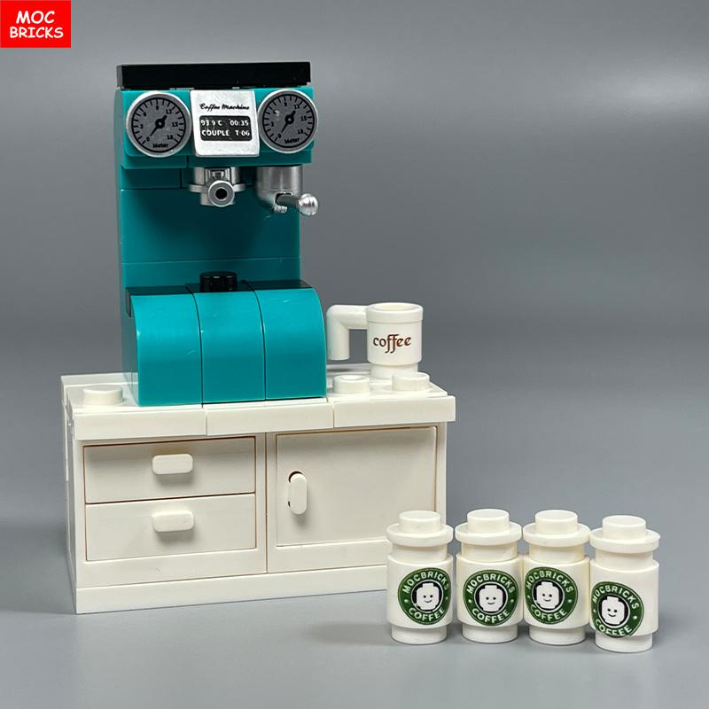 MOC Blocks Kitchen Cabinet Tableware Tool Coffee Maker Machine Water Dispenser Cooking Bench Learning Construction Block Children Toy