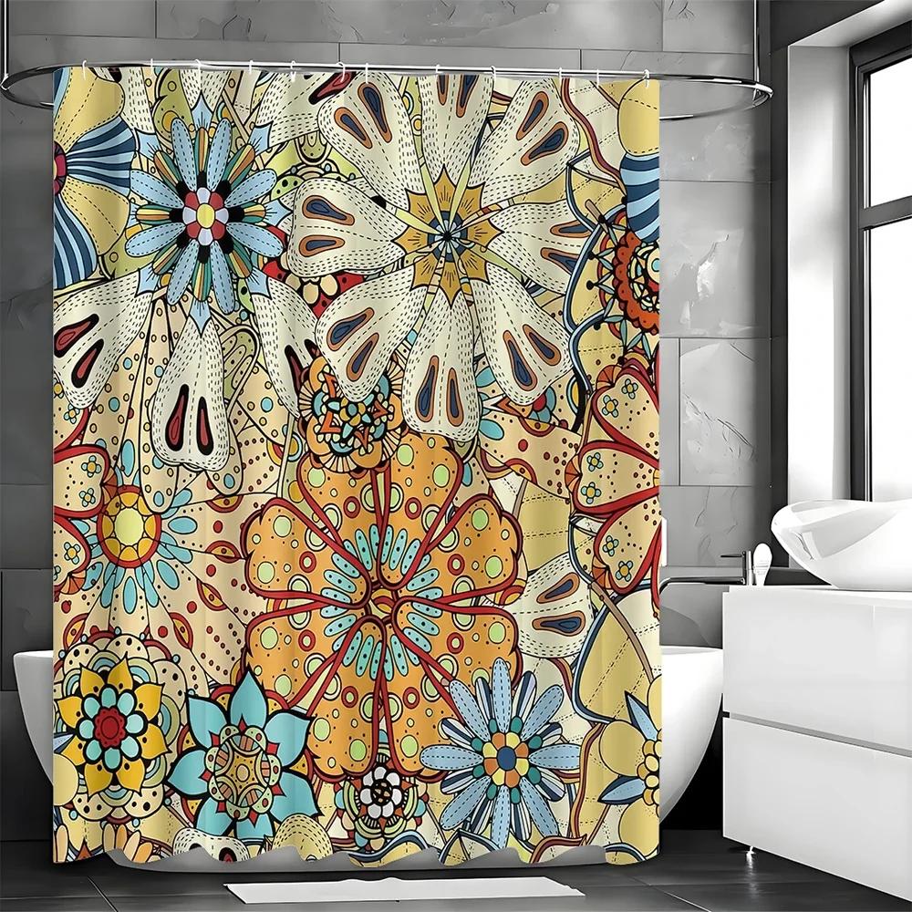 ~O~Colorful retro hippie flower shower curtain, bathroom decoration shower curtain, waterproof shower curtain with hooks