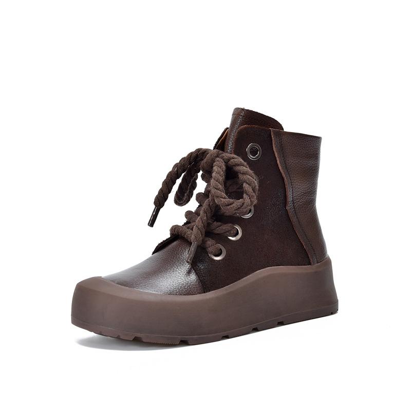 Johnature Retro Genuine Leather Short Boots Lace Up Thick Sole Plush Warm Cotton Boots Women's Shoes