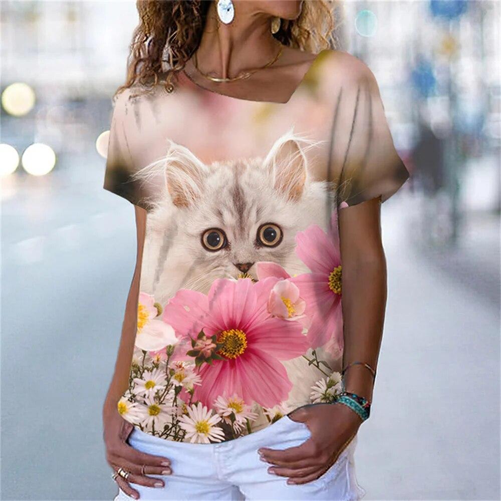 

Универсальная красочная повседневная женская футболка с 3D принтом кота, лето 2023, модный свободный женский топ с короткими рукавами и героями мультфильмов на каждый день 8XL