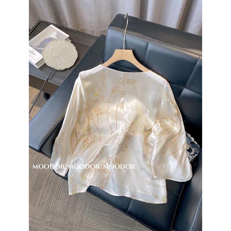 Elegant Bamboo Print Satin Blouse for Women Casual Loose Fit Long Sleeve Shirt Lightweight Silky Top