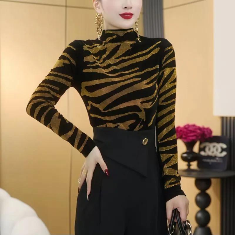

New 2025 Design Full Bright Diamond Print Color Matching Long-sleeved Fashion Top Autumn and Winter Warm Bottoming Shirt L золотий