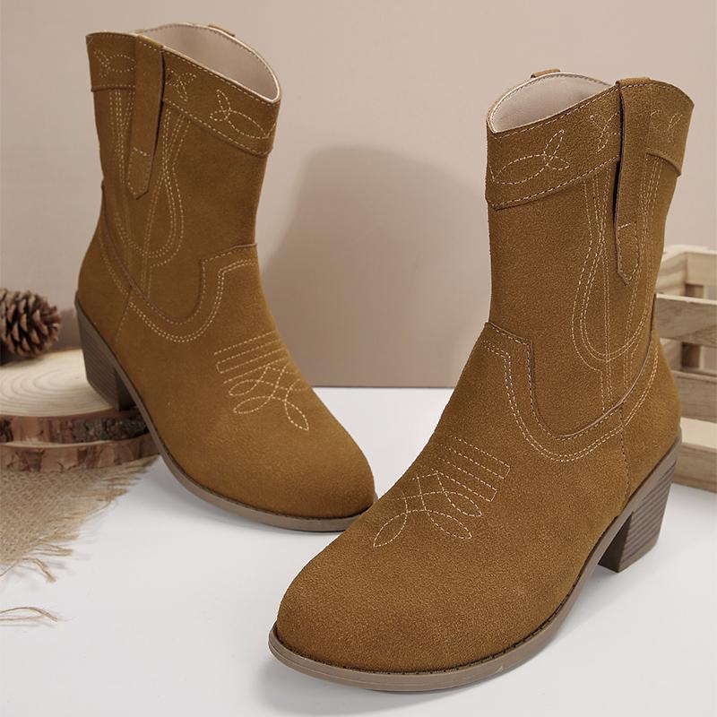 fashion Women Fashion Embroider Ankle Boots Women's Retro Faux Suede Thick Heel Short Boots Woman High Heels Western Botas 43