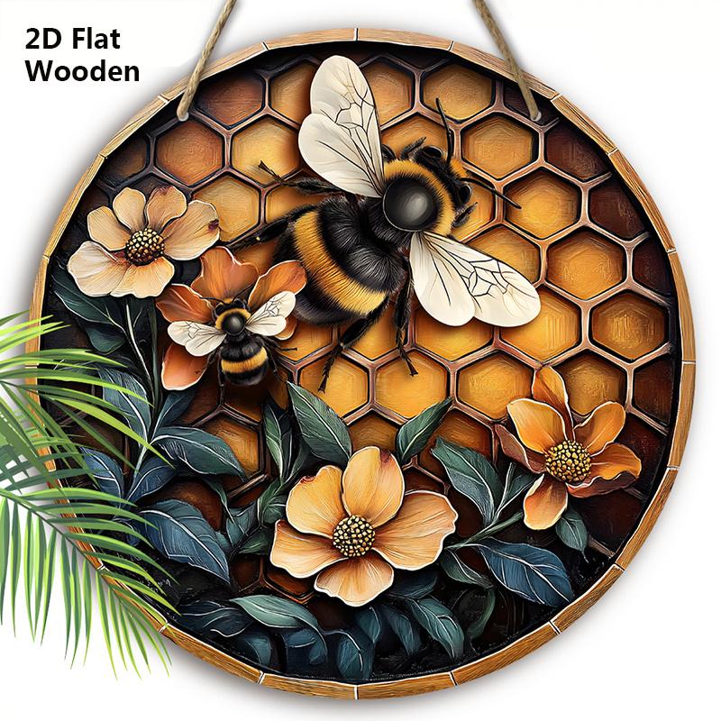 

Деревянная табличка в деревенском стиле с узором из пчел и цветов - Художественное круглое украшение для входной двери, настенный декор - Идеальный домашний подвесной декор 20cm/7.87in жёлтый