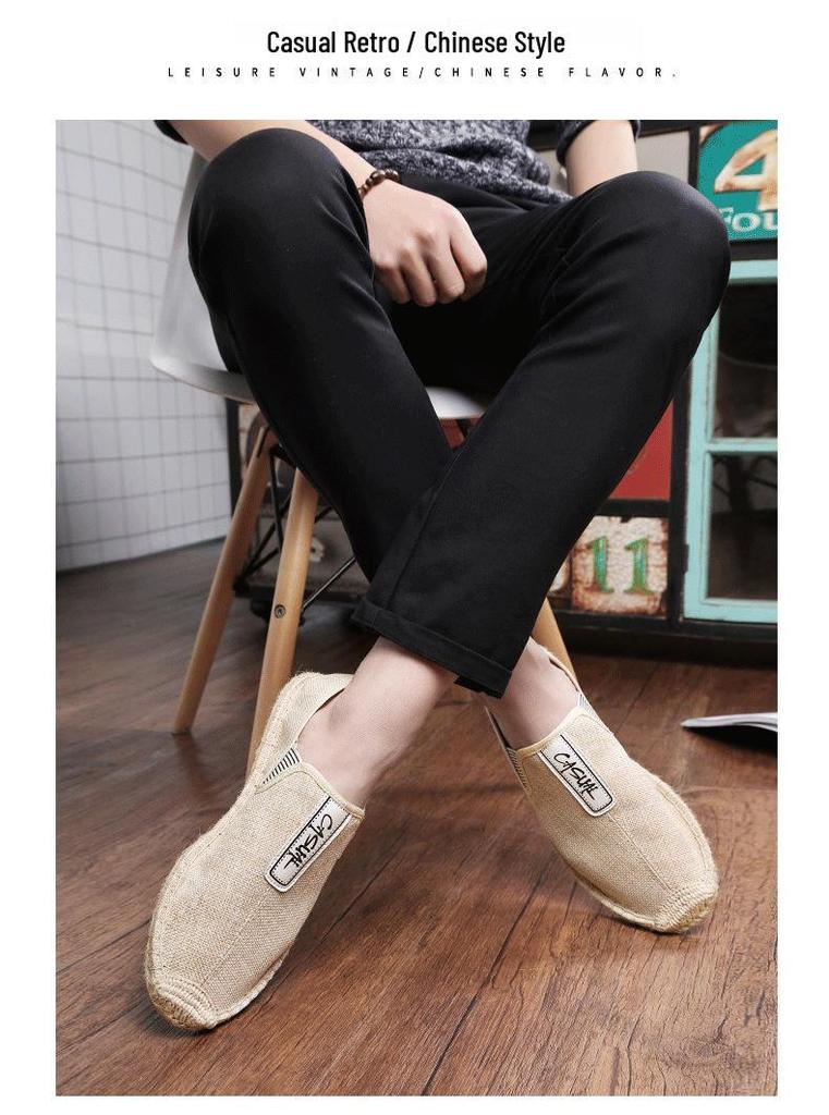 Men's Summer Canvas Slip-Ons: Breathable Linen Straw Weave, Shock-Absorbing Casual Shoes for Couples