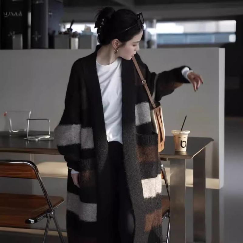 Autumn and winter new lazy style loose medium and long contrasting stripes thickened sweater knitted cardigan jacket women's trend