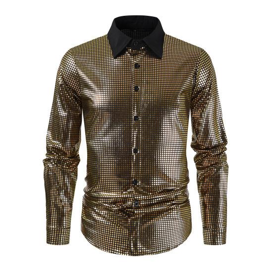 Herre Retro Paljett Skjorte Glitrende Knappelukking Langermet Krageskjorte Vintage Disko Skjorte for Barer Nattklubber Fester