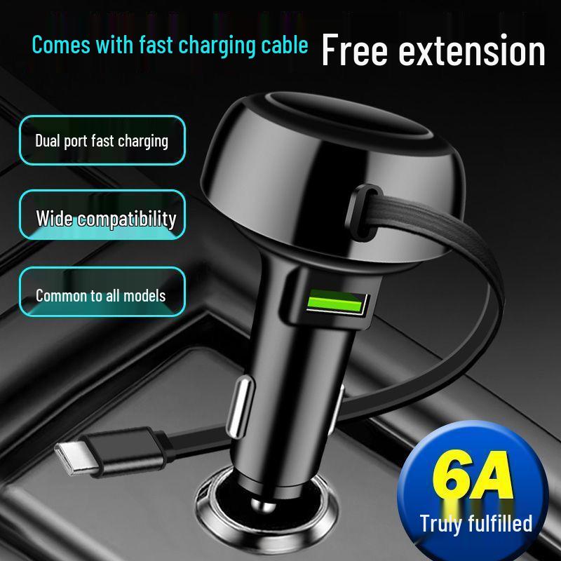 Digital Display Car Charger with Retractable PD Cable - Fast 5-in-1 Cigarette Lighter Charger
