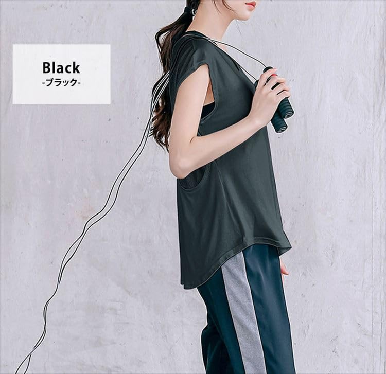 DAYCLOSET Short Sleeve Mesh Yoga Pilates Loose Size Black Women's Top, Wear, Fit, Quick-Drying, Sweat-Wicking, Breathable, Thin, Yoga184, L,