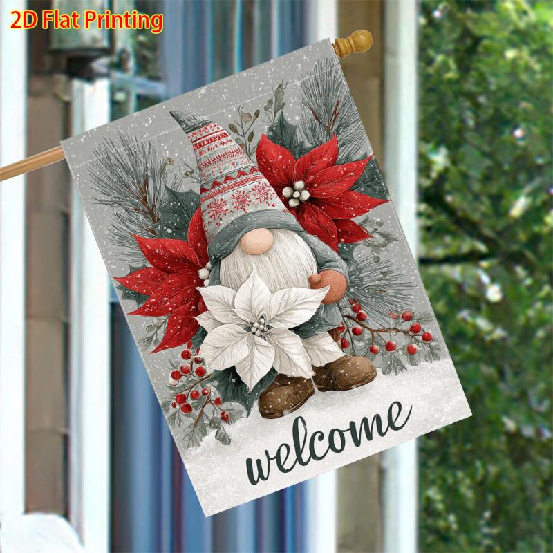 1pcs Winter Christmas, Christmas Gnomes and Poinsettia, Pine Branches, Snowflake Patterns (4) - FlagDouble-sided Garden Flag Courtyard Decoration, Out