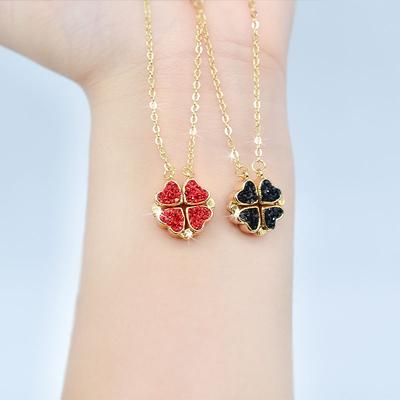 Red And Black Double Wearing Four-Leaf Flower Necklace Female Style Design Double Wearing Open And Closed Full Diamond Heart Shape