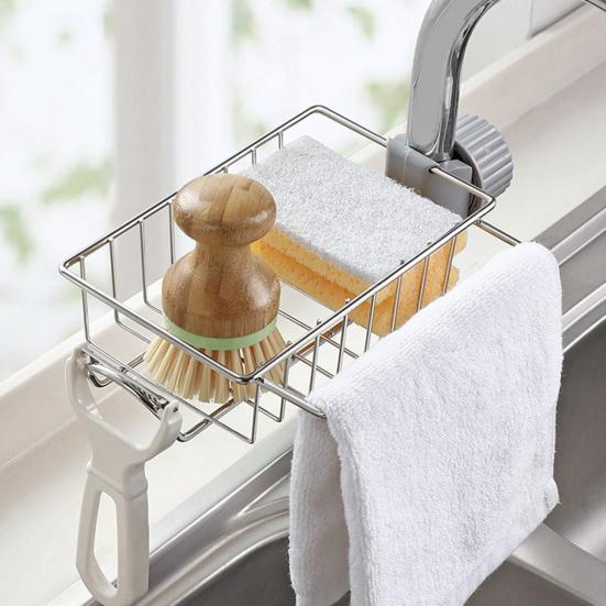 2Pcs Faucet Storage Rack Sink Sponge Holder Rustproof Corrosion Resistant Hollow Design Adjustable Detachable Sponge Holder Sink Organizer