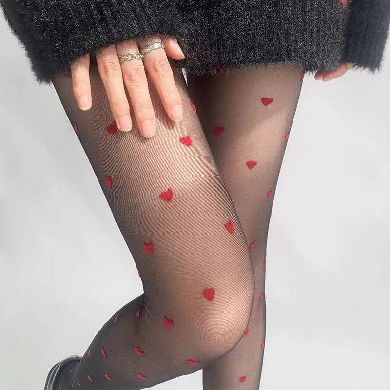 Women Cute Heart-Shaped Sheer Tight Ultra Thin Vintage Faux Tattoo Thigh Sheer Pantyhose Sexy  Female Retro Love Elastic Hosiery