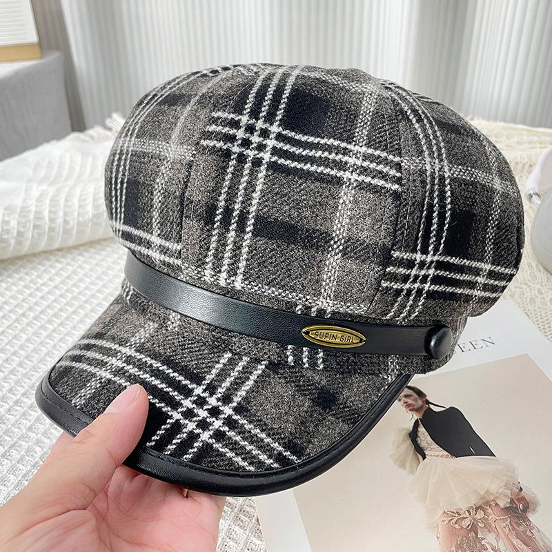 Plaid Octagonal Hat Women's Winter Literary and Retro Ankara Red Beret Cap Warm Face Newsboy Hat