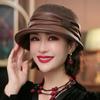 Women 100% Wool Felt Pleated Band Fedora Mother Winter Warm Fleece Lining PU Leather Bucket Hat Party Grace Cloche Hat