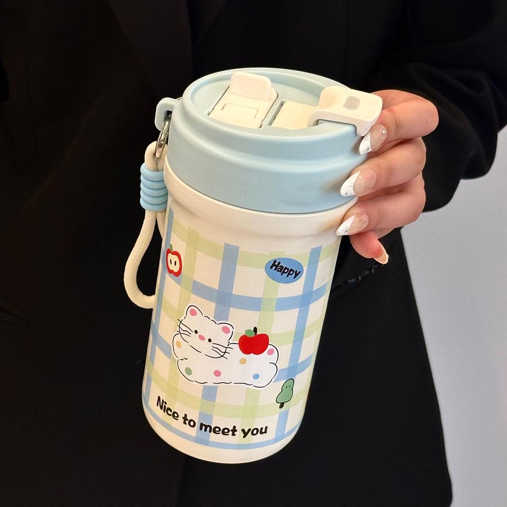 Tecknad söt kaffetermosmugg 316 rostfritt stål medföljande dubbel drickhalmsmugg utomhus bärbar vattenkopp med stor kapacitet