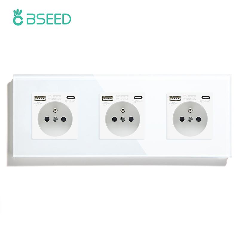 BSEED Single French Wall Socket Double Power Sockets Triple Electric Sockets With Type-c Double USB Charing Ports  Glass Frame