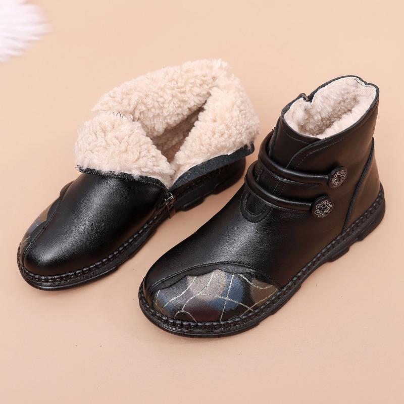 Boty z pravé bavlny z vlny středního věku plus samet pro udržení tepla a neklouzavé kožené boty pro střední a starší osoby Krátké kozačky