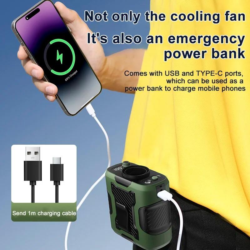 Portable Waist Fan with Power Bank 13500RPM High-Speed Motor LED Display USB Rechargeable For Outdoor Work