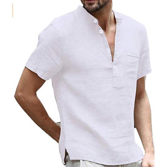 

Летняя мужская футболка с коротким рукавом из хлопка и льна, воротник-стойка, застежка на пуговицы до середины, простая футболка с коротким рукавом S белый