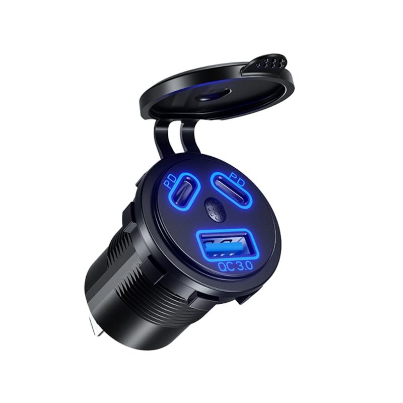 Double PD45W Fast Charging Car Charger Socket with LED Light Waterproof USB QC3.0 Charger Adapter for 12V/24V Car Boat