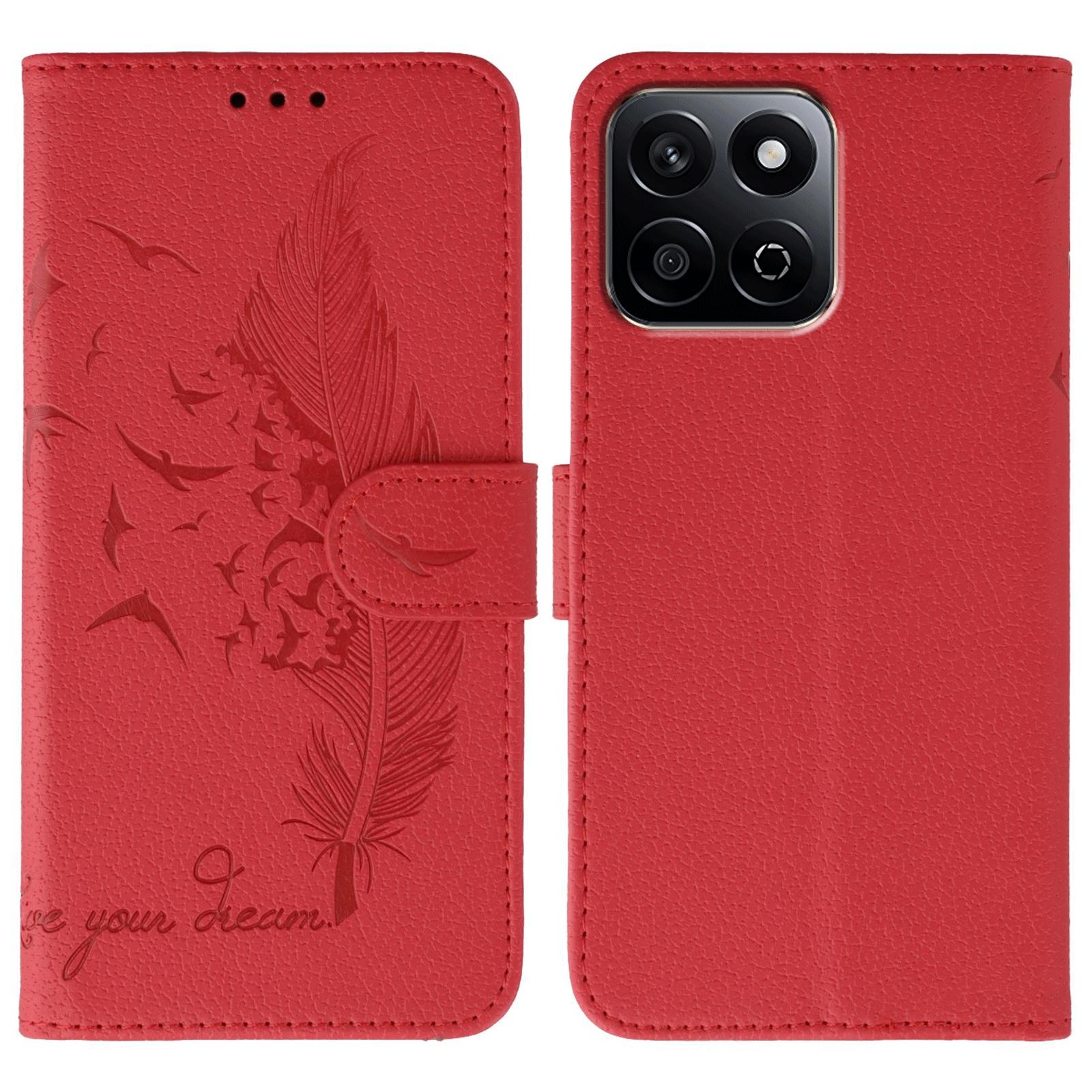 

Phone Case For Honor X7c 4G/200 Smart 5G/Play 60 Plus 5G/Play 9T Feather Imprint PU Leather Wallet Cover Red