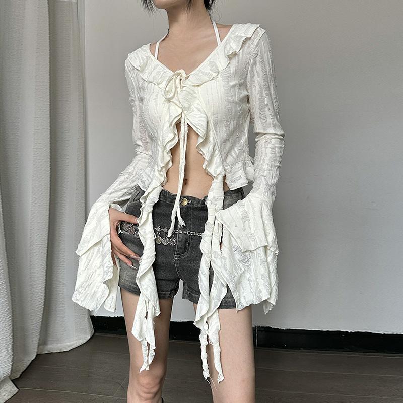 

Укороченный топ с рукавами-бабочками и кисточками, длинными рукавами и оборками, с высокой талией, футболка с вырезами, летняя модная повседневная одежда Y2K XL белый