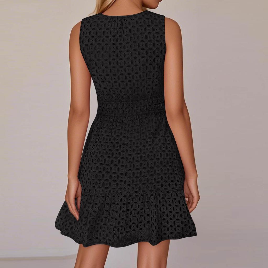 Women's Summer Fashion Lace Hollow V-Neck Color Casual Sleeveless Dresses