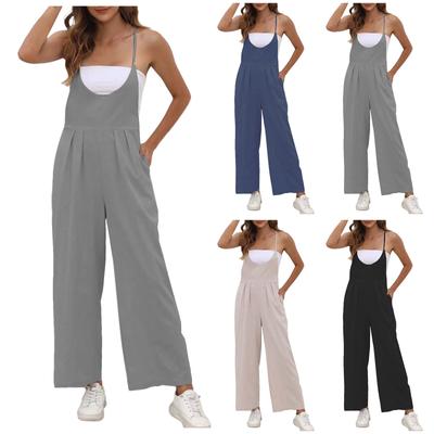 Women's Fashion Summer Soild Sleeveless V-neck Pants Wide Leg Pants Jumpsuit
