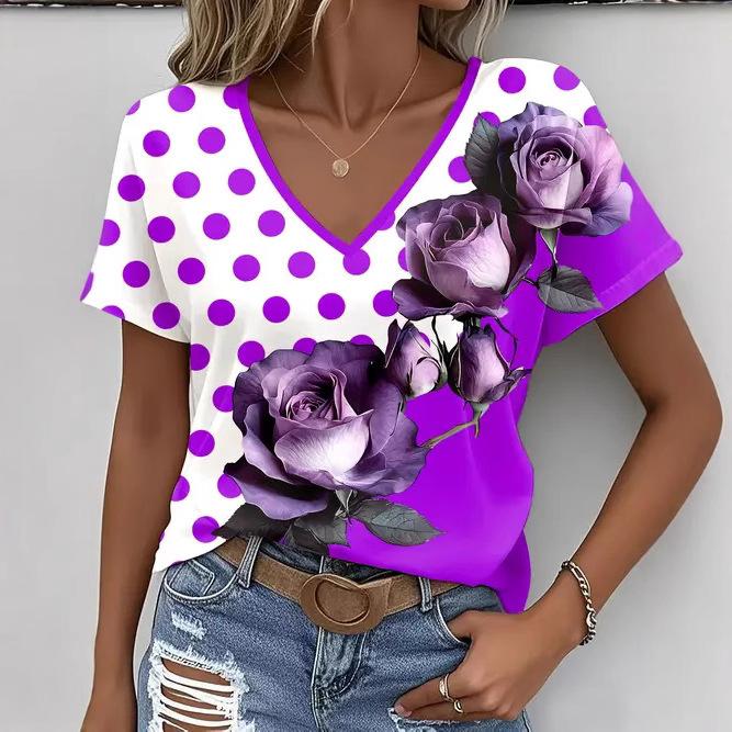 Summer V-neck 3D Flower Themed Pattern Printed Top Fashionable Casual Short Sleeved Women's T-shirts