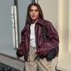 Women's Burgundy Retro Motorcycle Leather Jacket - 2024 Autumn European & American Matte Style